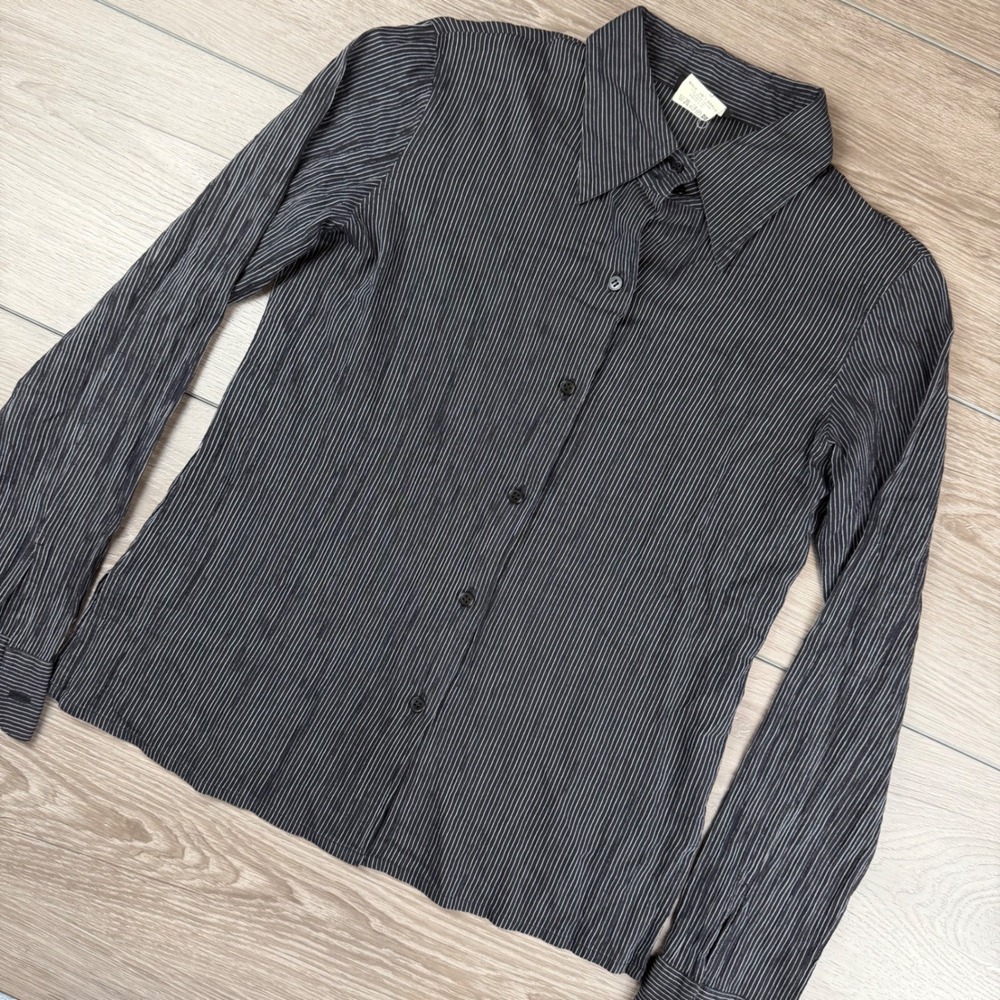Agnes B. Womens Button Down Shirt Pinstripe Long Sleeve Black Size 40